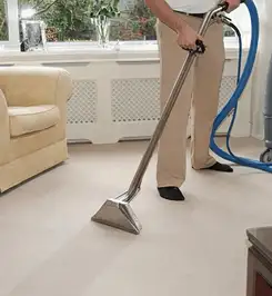 Professional carpet cleaner using a hot-water extraction wand and hose machine in a living room in Rockford, IL.
