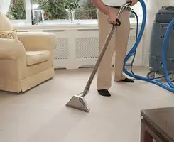 Carpet cleaning professional removing dirt and stains with a hot-water extraction tool in a home, Rockford, IL.